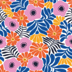 Coupon 208cm Katoen poplin abstracte bloemen kobalt