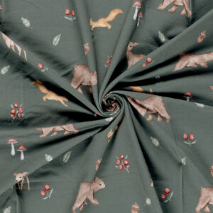 Groene stof met bosdieren patroon, inclusief vossen, beren, herten, paddestoelen en besjes