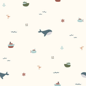 Kinderkamer behangpatroon met walvissen, boten, ankers, scheepsroeren, meeuwen en onderzeeërs op beige achtergrond