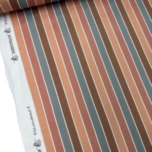 Katoenen stof met verticale strepen in aardtinten bruin, roze, groen en beige op rol