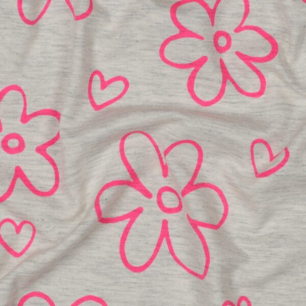 Tricot neonroze bloemen lichtgrijs melange