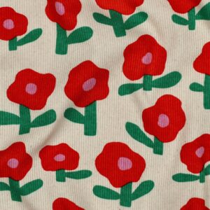 Ribfluweel stof met retro bloemenpatroon in rood met groene stelen op beige achtergrond