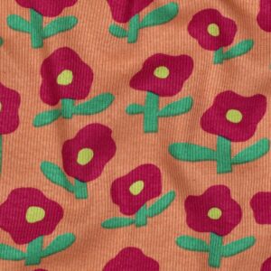 Retro bloemenpatroon met magenta bloemen en groene stengels op oranje ribstof achtergrond