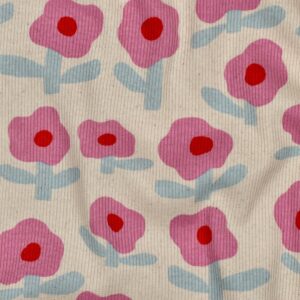 Retro bloemenmotief met roze bloemen en rode hartjes op geribde beige ondergrond met lichtblauwe bladeren