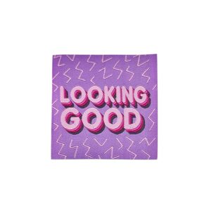 Roze 3D-tekst 'Looking Good' op paarse achtergrond met geometrische zigzag patronen in jaren 90 stijl