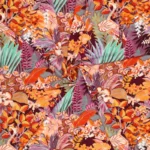 Viscose tricot tropische bloemen aubergine
