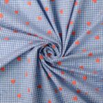 Katoen poplin broderie hartjes blauw geblokt