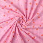 Katoen poplin broderie hartjes roze geblokt